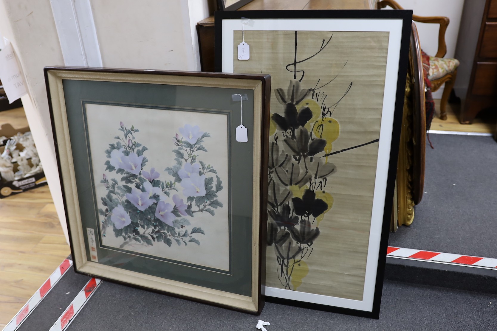 After Qi Baishi, woodblock print, Flowers and a Chinese painting of blue hibiscus, signed, 56 x 54cm and 89 x 47cm